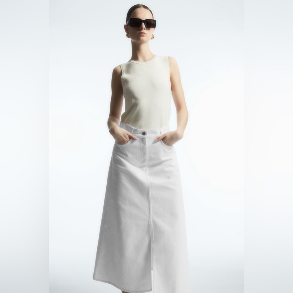 COS, White Denim Midi Skirt